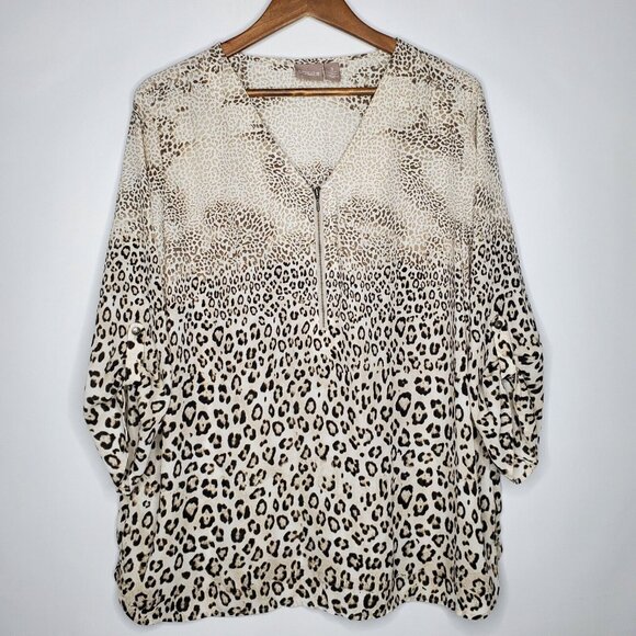 Chico's Tops - Chicos Womens Animal Print Zip Front Top Size 3 US XL V Neck 3/4 Sleeve Roll Tab
